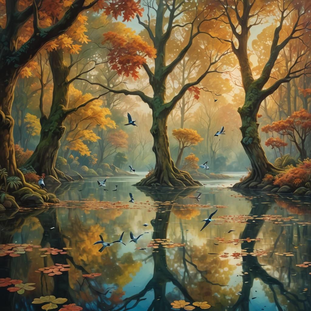 Migratory Birds Over Autumn Lake: Surreal Illustration