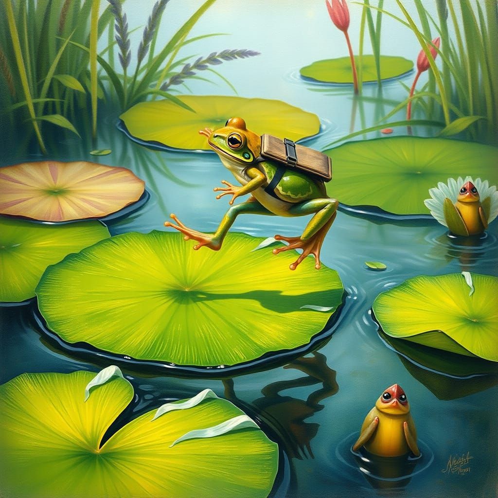 Frog Hops Across Serene Water in Whimsical Artistic Style
