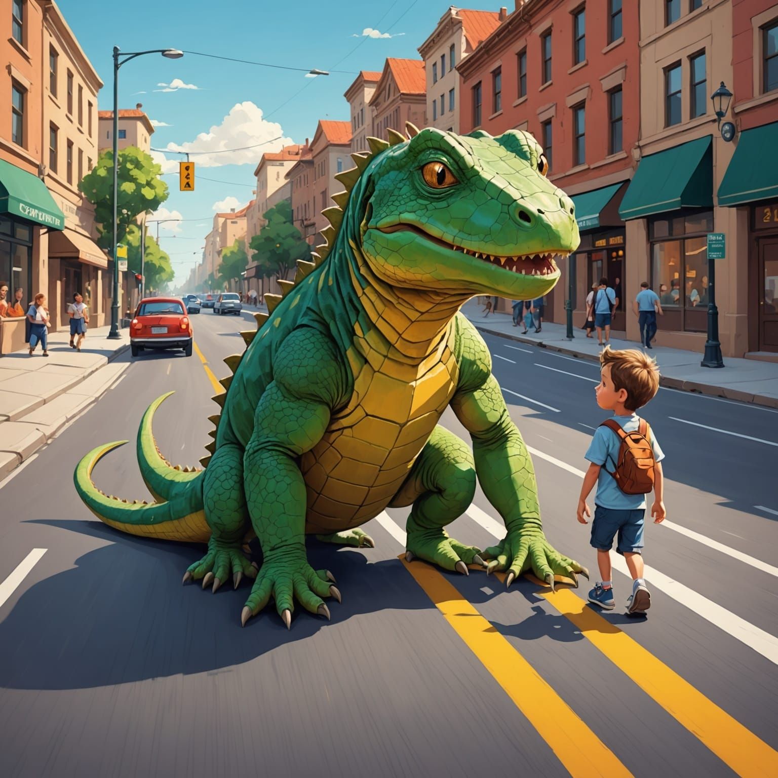 Giant Lizard Safely Escorts Boy Across Road