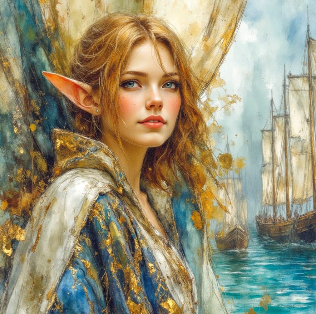 Elven Mother and Child in Middle Earth Watercolour