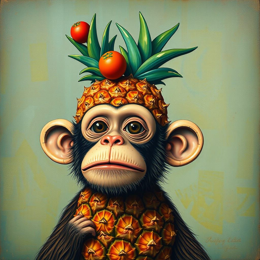 Monkey with Pineapple Hat in Naive Art Style