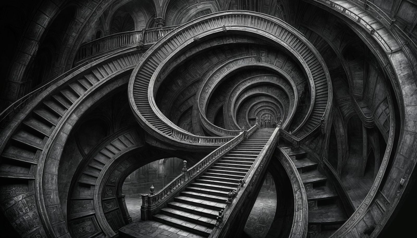 Sinister Stairway Labyrinth in Monochromatic Horror Style