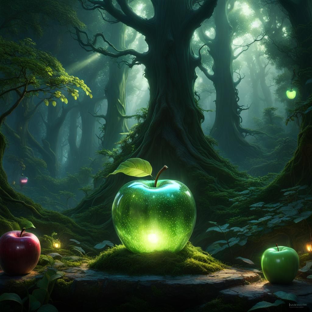 Glowing Glass Apple in Dark Fantasy Forest
