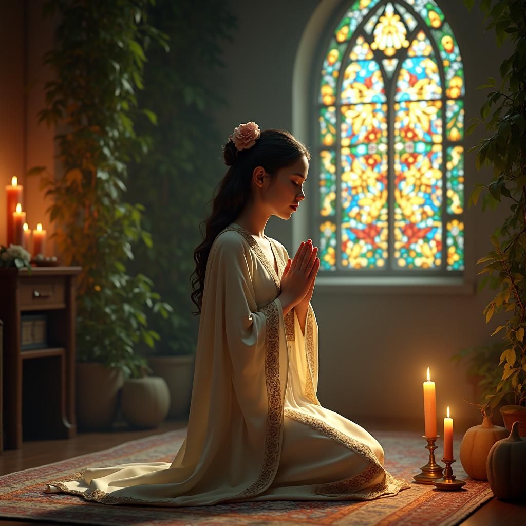 Woman Praying in Candlelit Sanctuary, Fantasy Art
