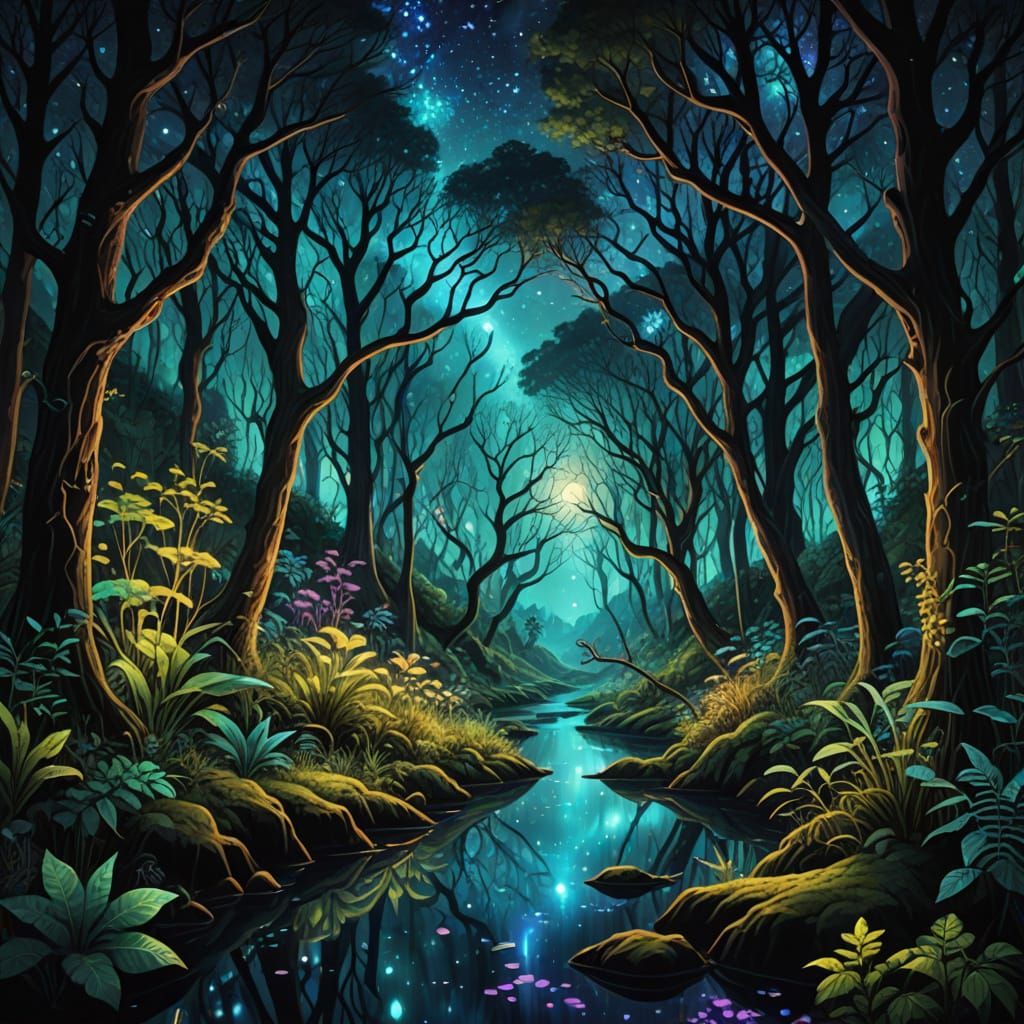 Bioluminescent Forest at Night in Astral Style