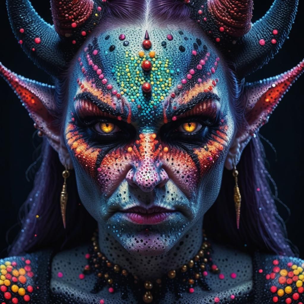 Pointillist Demon Witch Portrait in Vibrant Colors