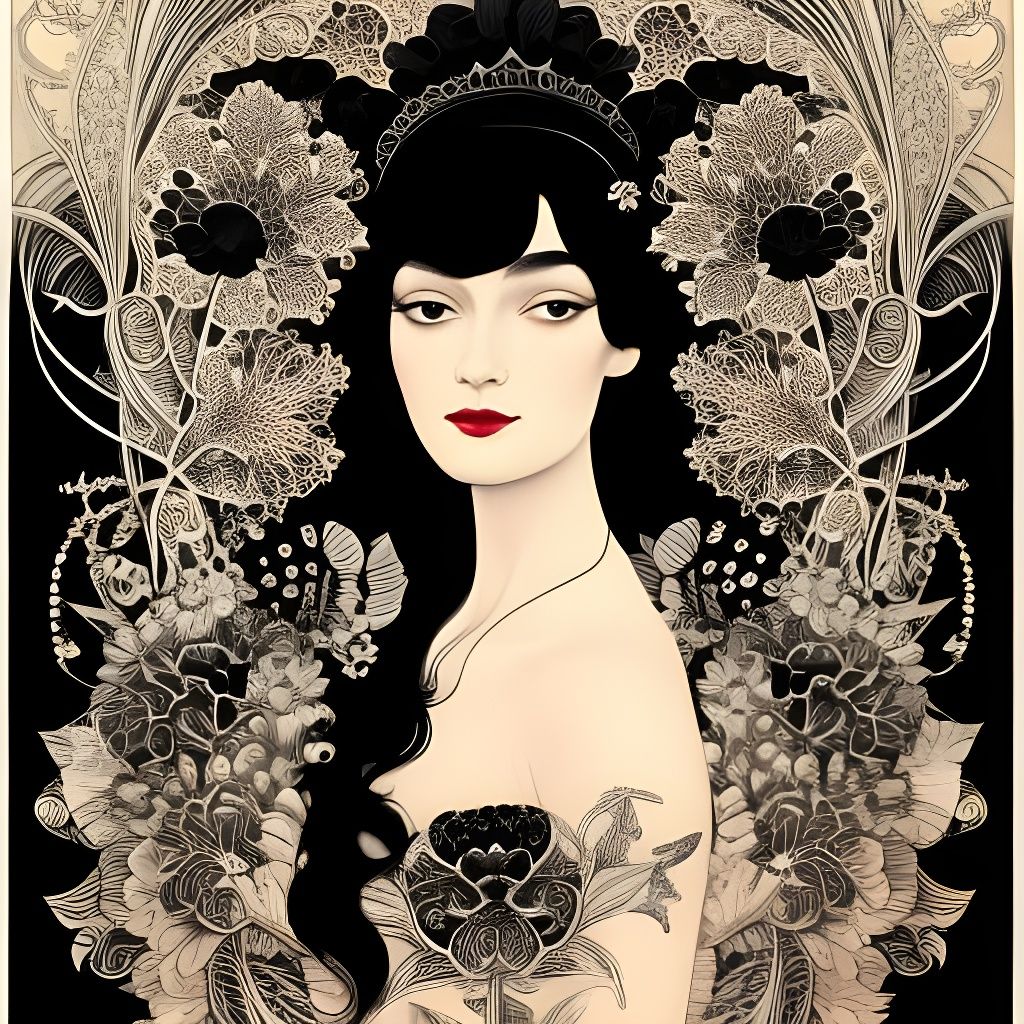 Black-Haired Girl with Flowers: Art Nouveau Digital Painting