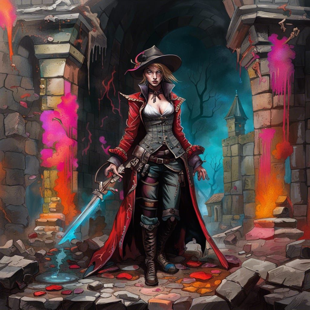 Female Vampire Hunter in Ruined Castle Graffiti Art