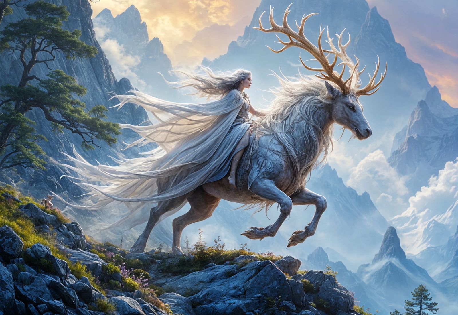Ethereal Woman Rides Mythical Stag in Dark Fantasy Art
