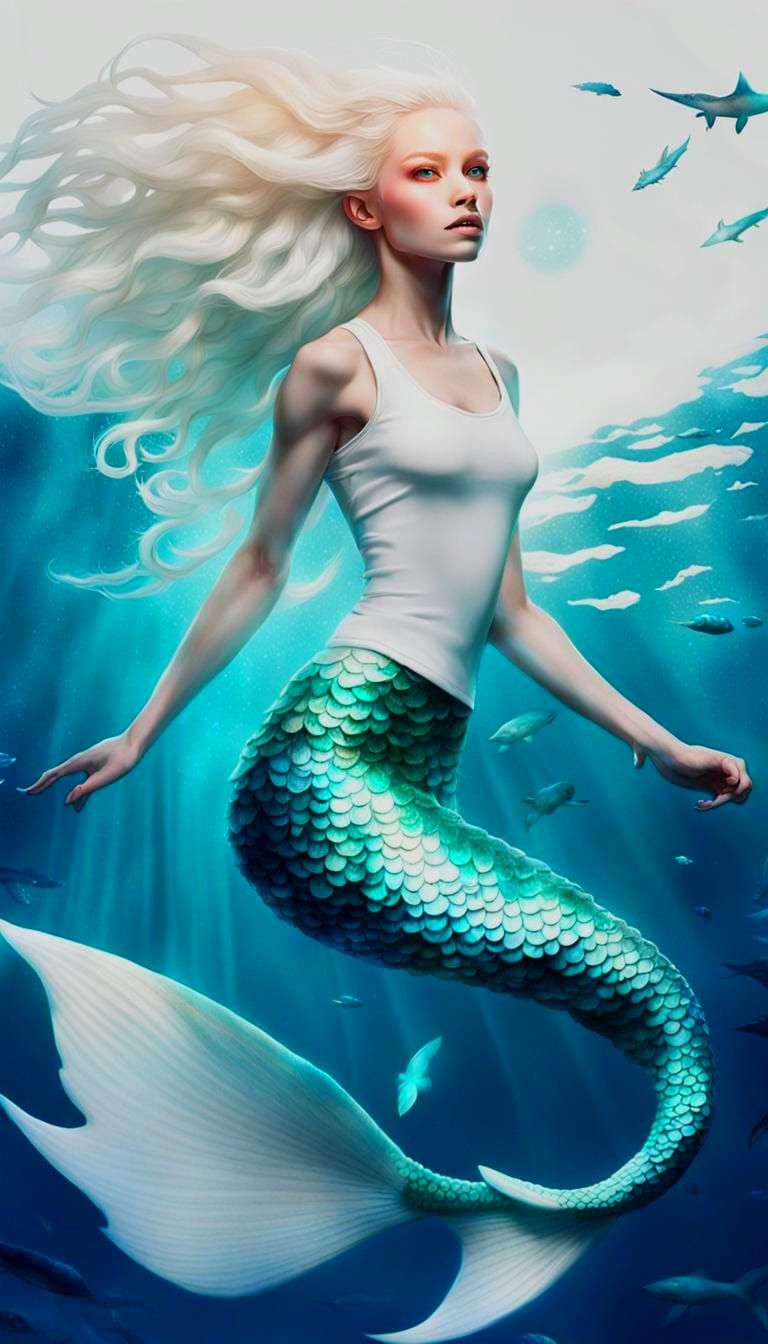 Soaring Albino Mermaid with Glowing Eyes