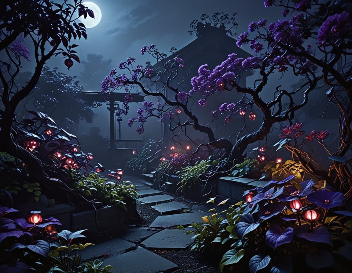 Eerie Moonlit Garden with Glowing Flowers in Ukiyo-e Style