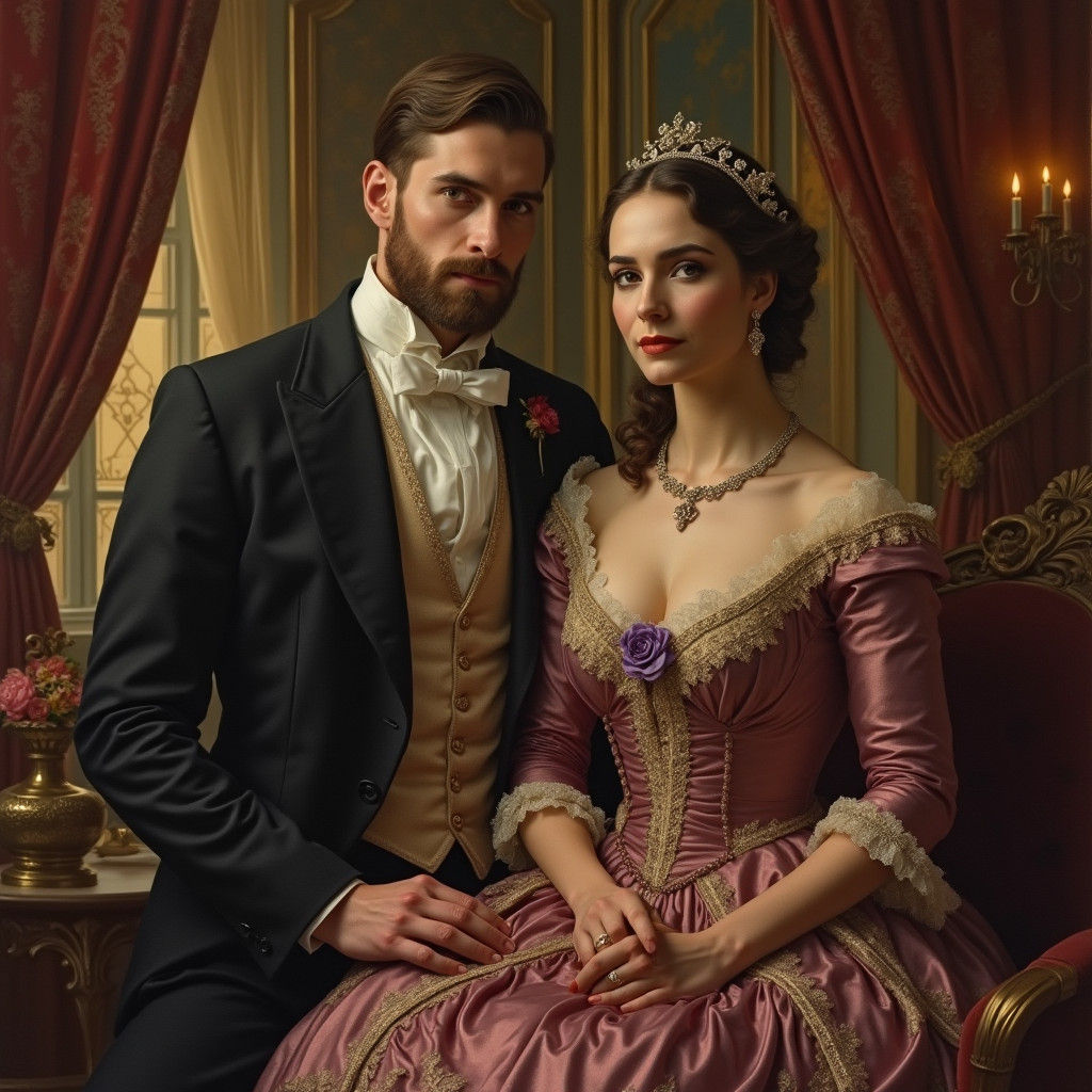 Victorian Couple in Ornate Parlor, Dramatic Painting