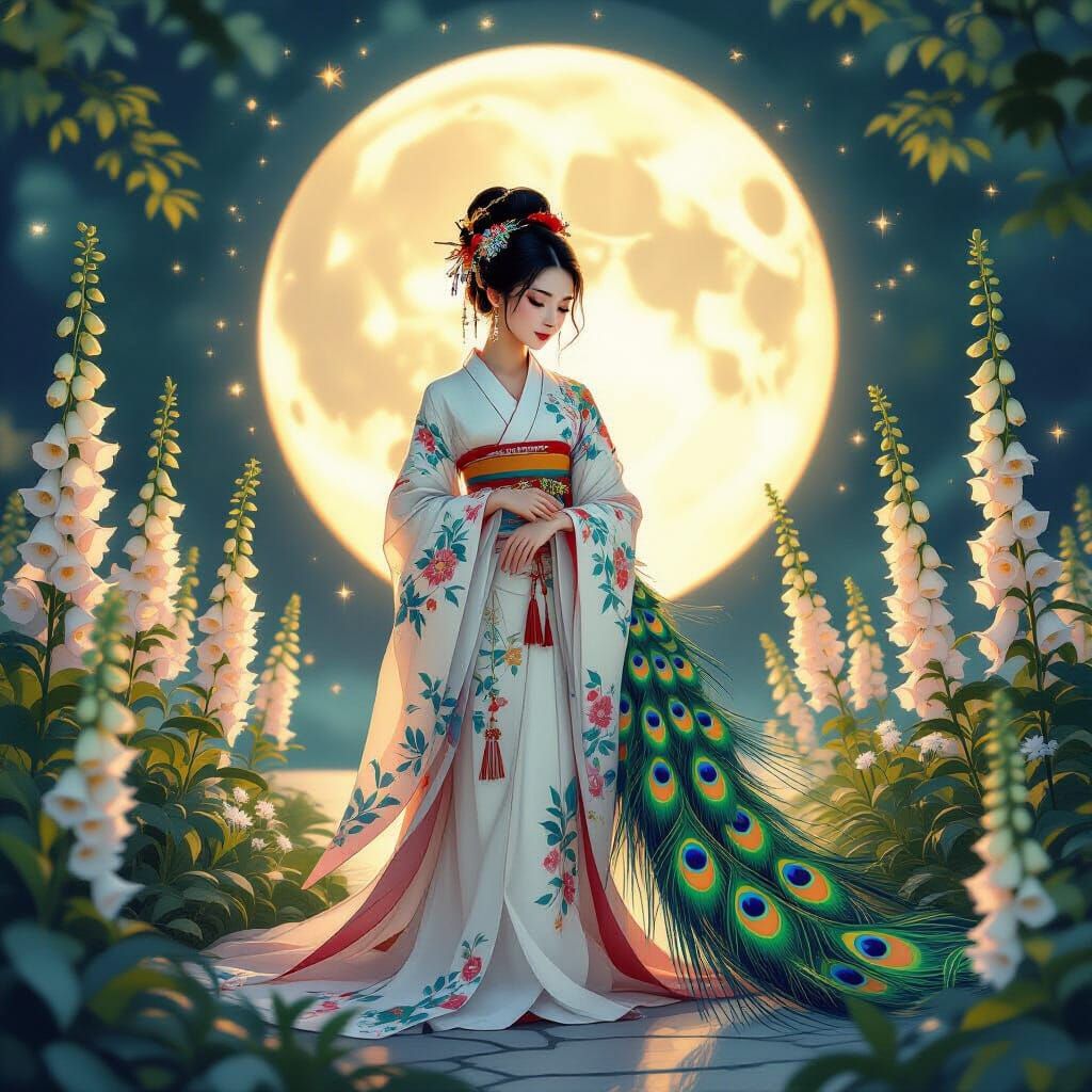 Ethereal Asian Woman with Peacock Feathers