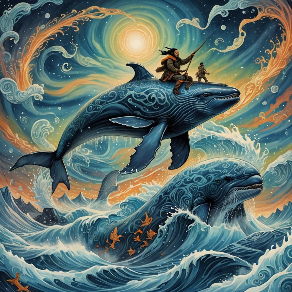 Inuit Whale Rider Hunting Under Aurora Borealis