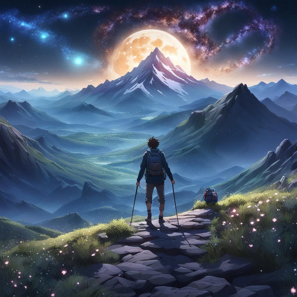 Hiker Under Galaxy Sky: 3D Anime Art