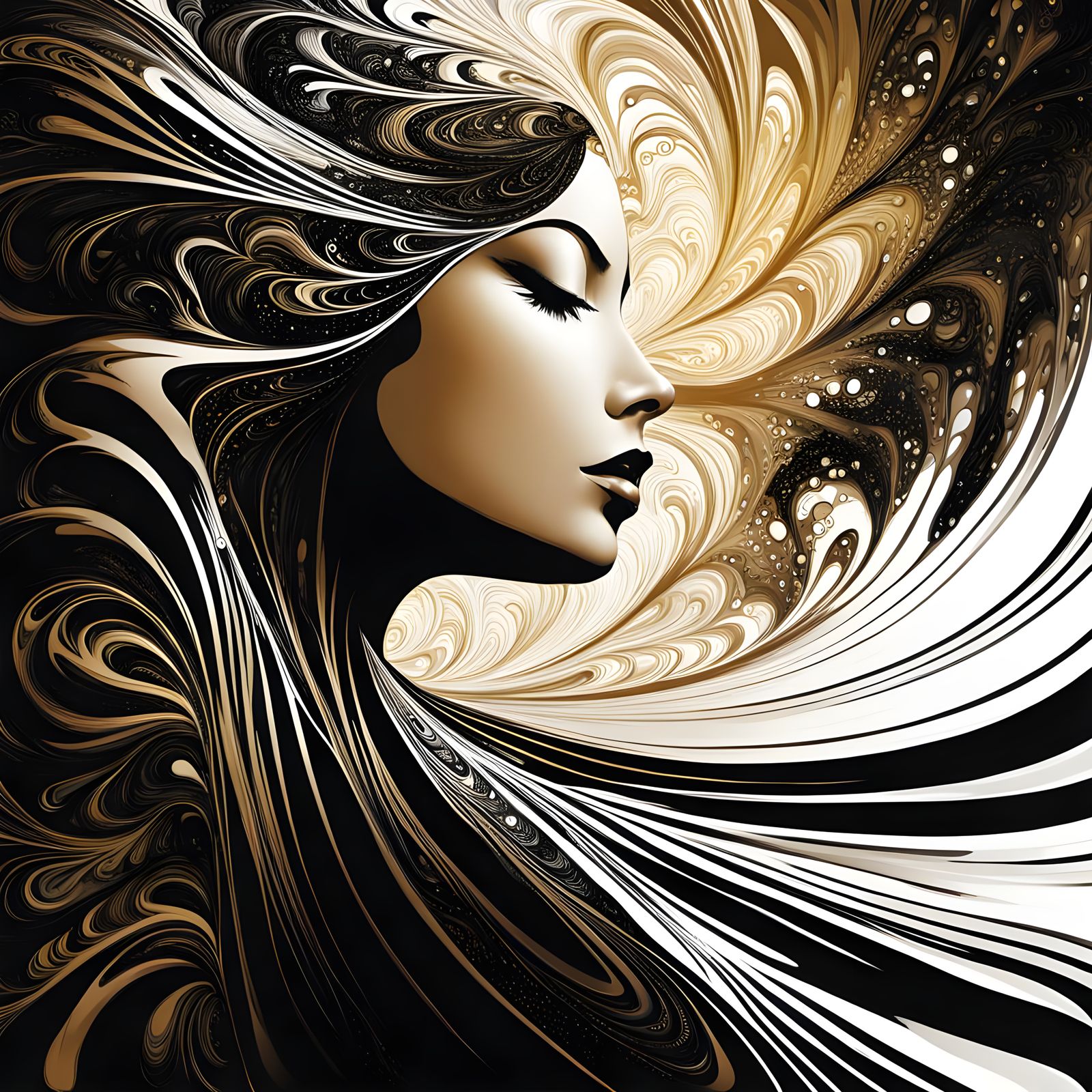 Abstract Woman in Reflective Ink Drips, Neo-Impressionism