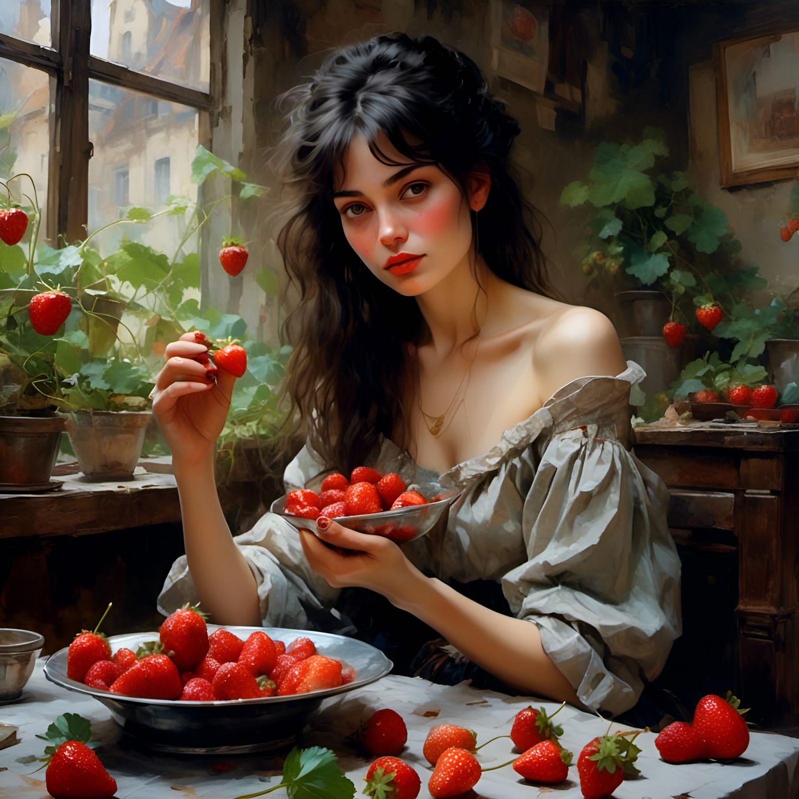 Beautiful Woman Eating Strawberries in Hyperrealistic Style