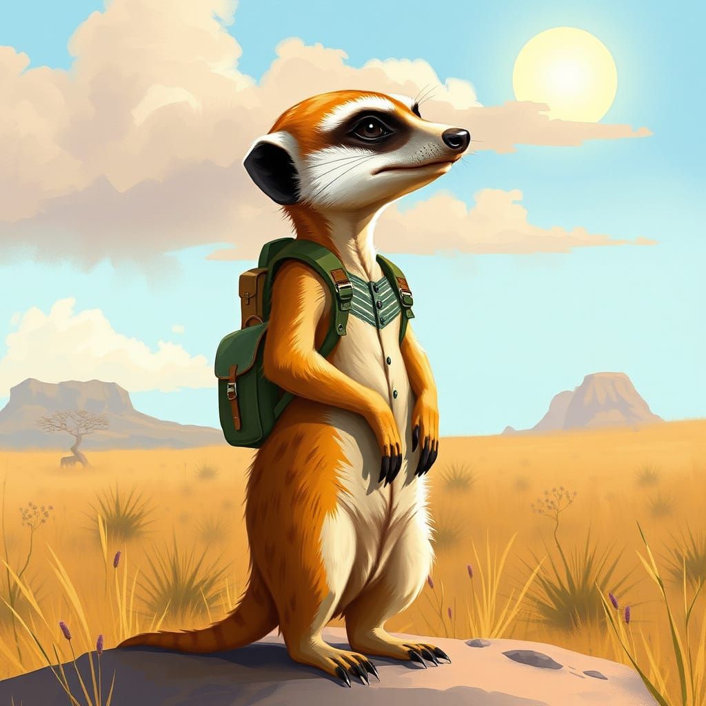 Meerkat Adventurer on the Savannah as Digital Painting