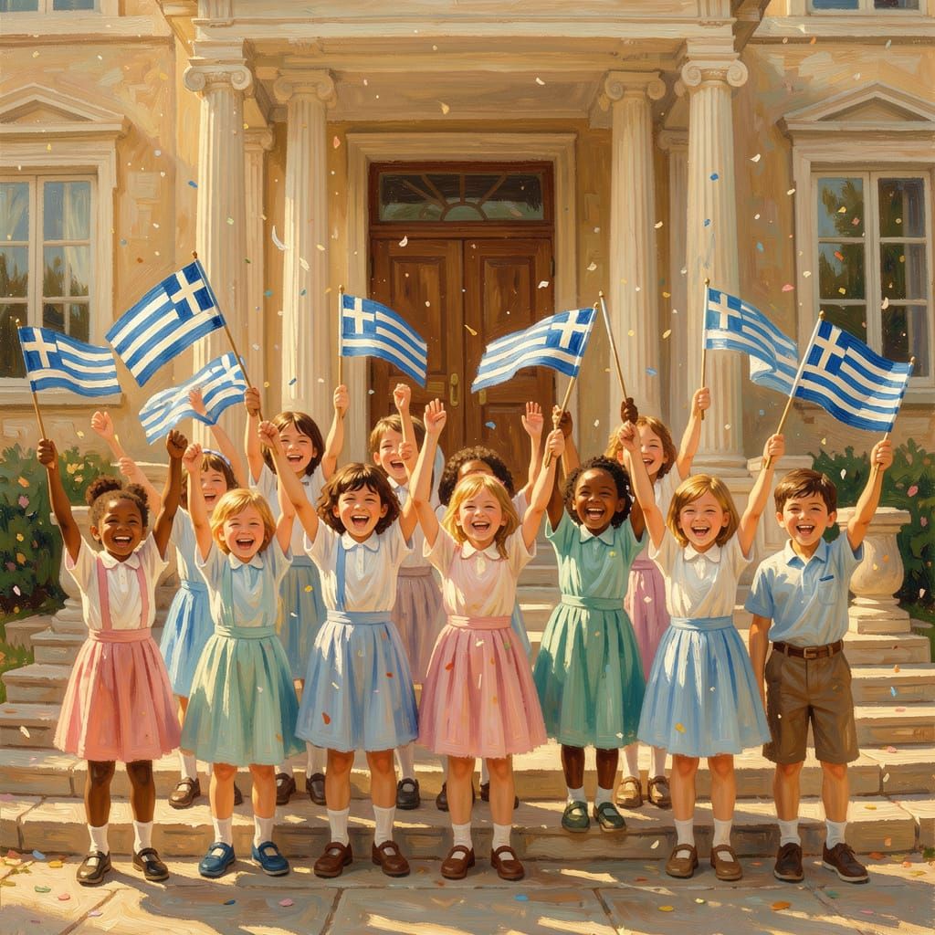 Children Celebrate With Greek Flags in Oil Painting Style