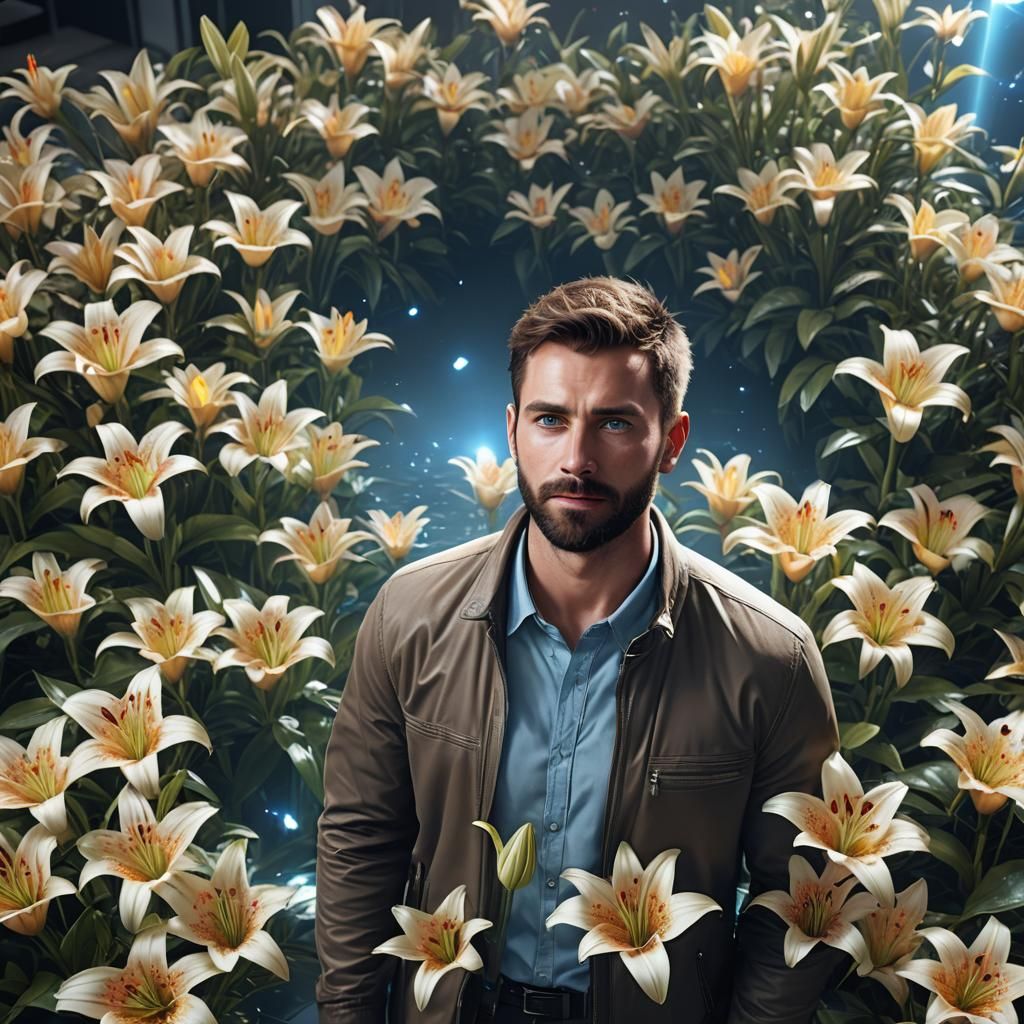 Man with Lasers and Lilies, Hyper-Realistic Digital Art