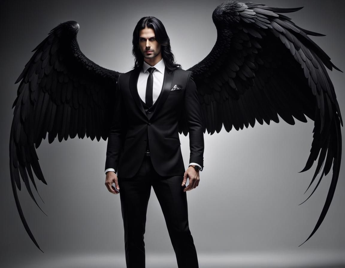 Handsome Lucifer with Black Wings in Hyperrealism