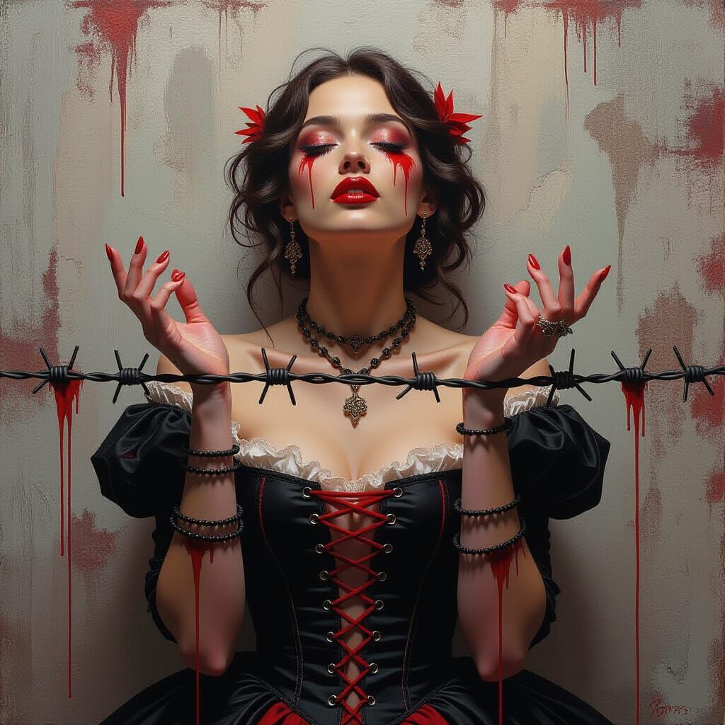 Distressed Woman in Renaissance Gown: Gothic Oil Painting