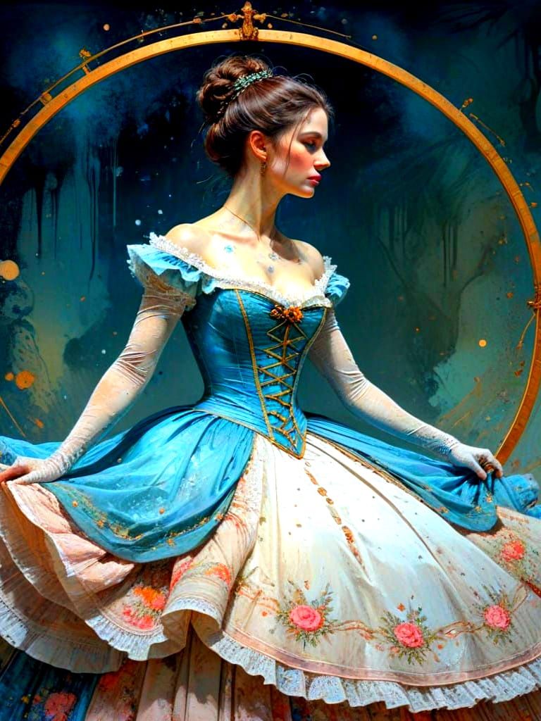 (Nineteenth century woman wearing a hoop skirt) by Dan Mountford, by Dan Hillier, soft colors, negative space, photoillu...