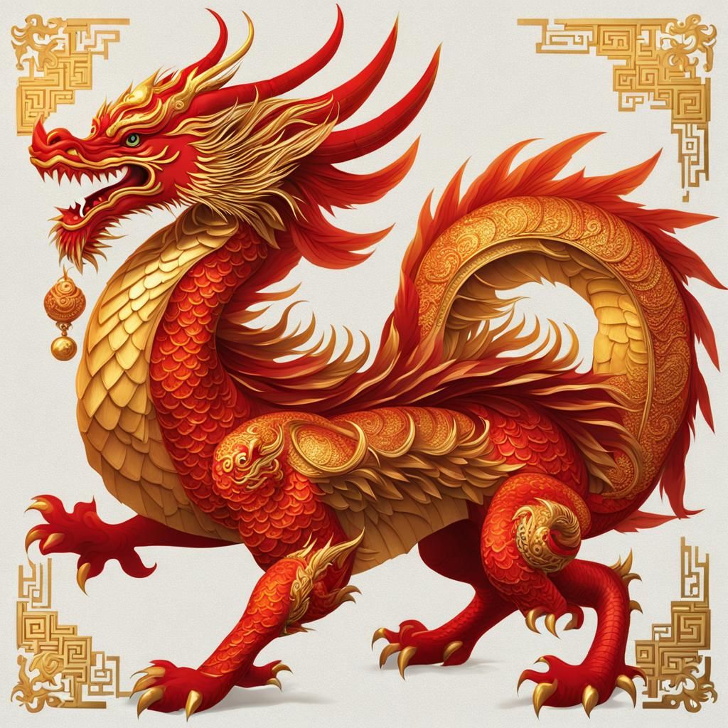 Elegant Red and Orange Dragon with Feathered Wings
