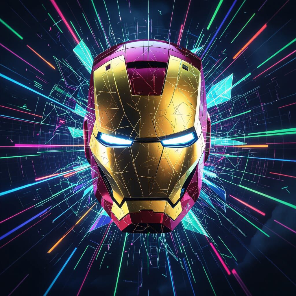 Abstract Iron Man Helmet Shattering into Neon Shards
