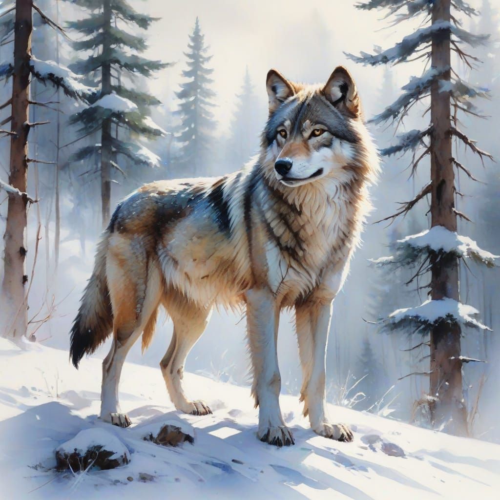 Majestic Wolf on Snowy Ridge in Watercolour Style