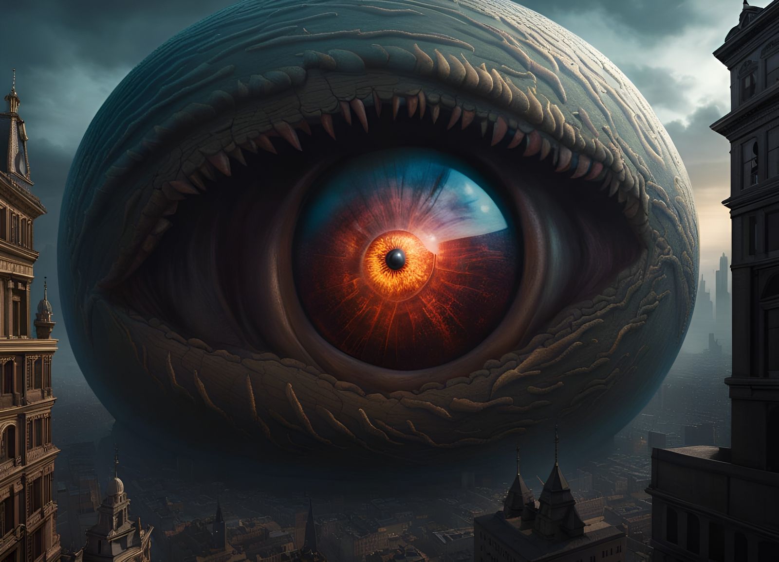 Menacing Eyeball Creature Looms Over City