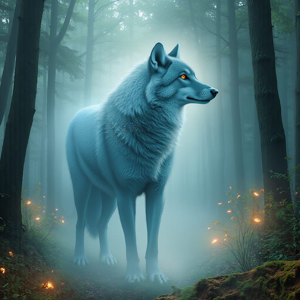 Ethereal Smoke Wolf in a Misty Watercolor Forest