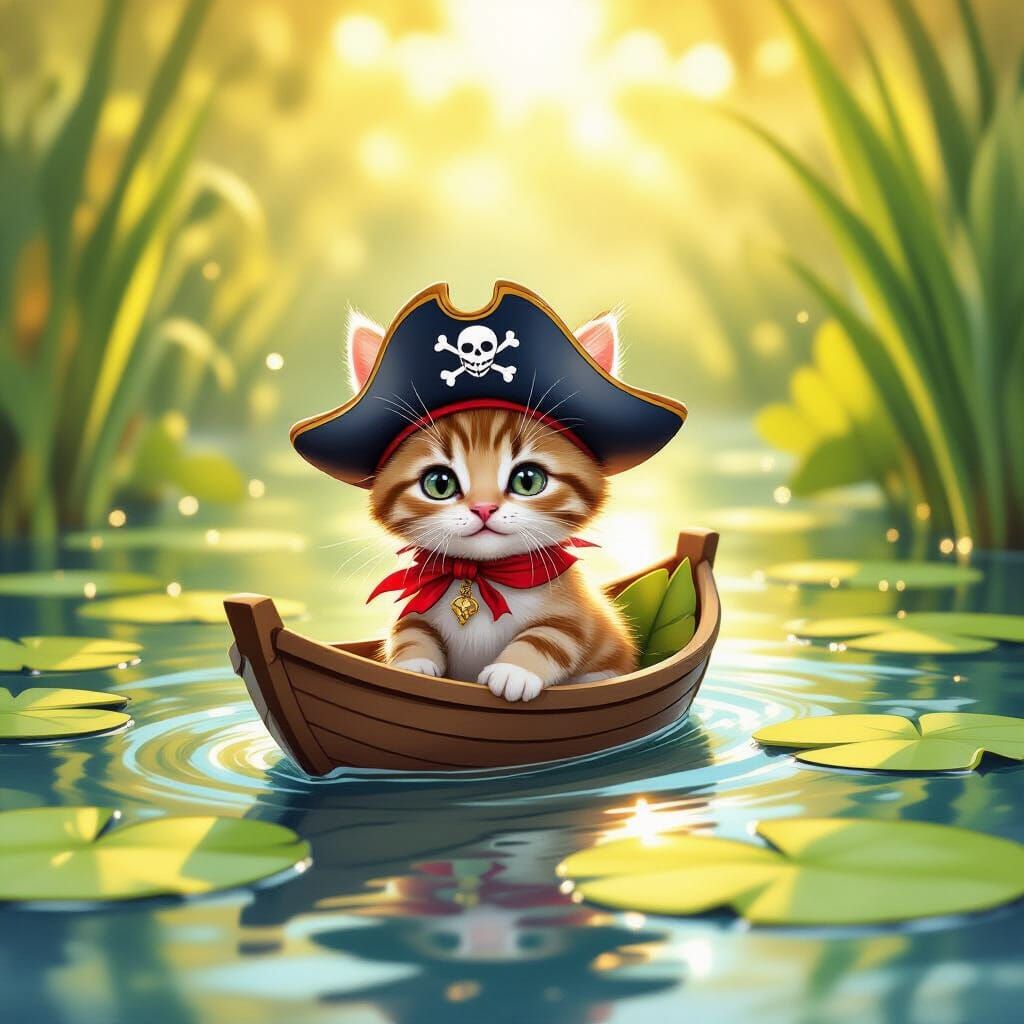 Kitten Pirate Sailing on Lily Pond, Watercolor Style