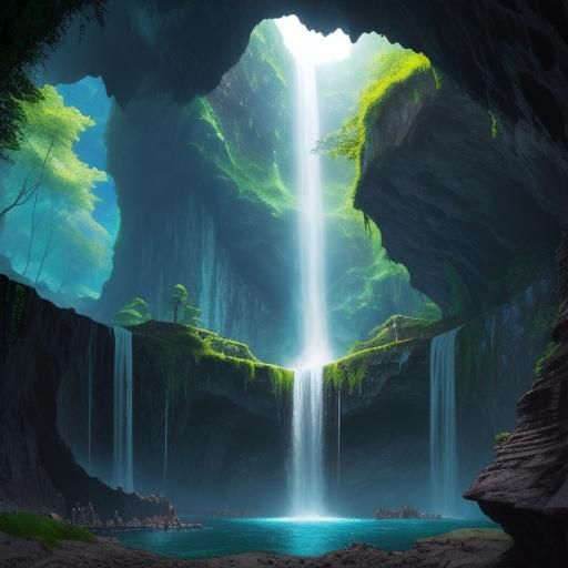 Fantasy Cavern with Waterfall, Photorealistic Style