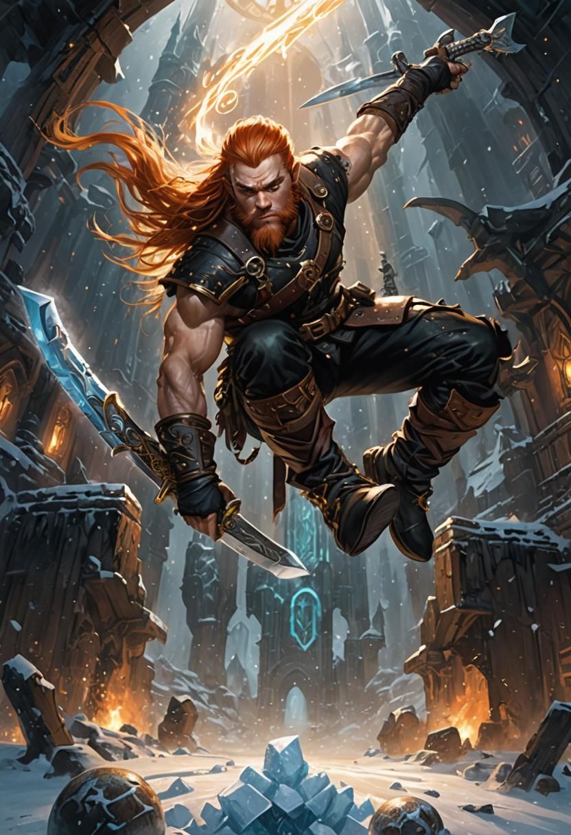 Dwarf Assassin Leaping in Rune Cavern: Dark Fantasy Art