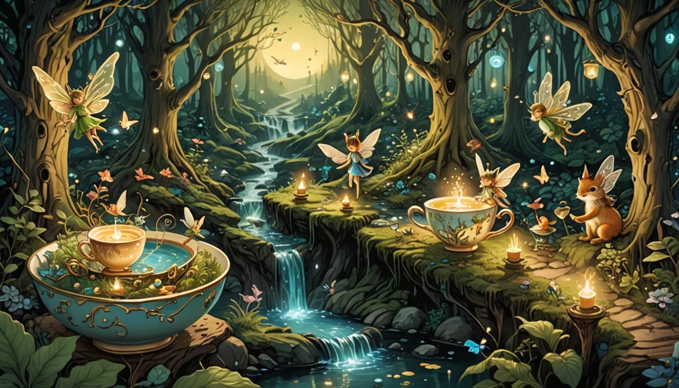 Teacup Forest Kingdom: Whimsical Fairy Tale Illustration