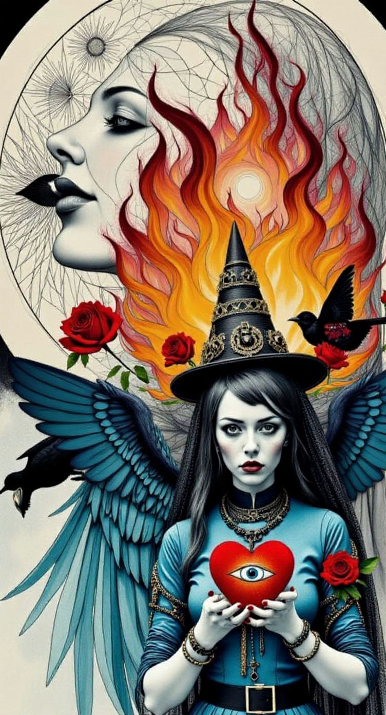 Gothic Woman with Flaming Heart in Dada Collage