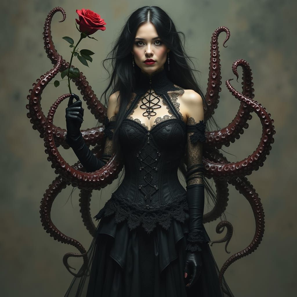 Dark Gothic Octopus Goddess with Crimson Rose