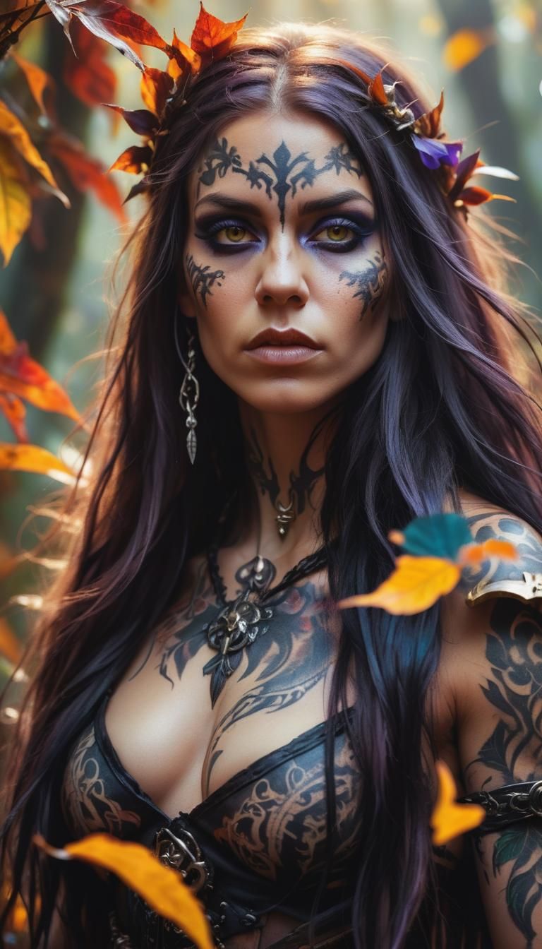 Gothic barbarian pirate woman  taming  love ,  autumn jungle...