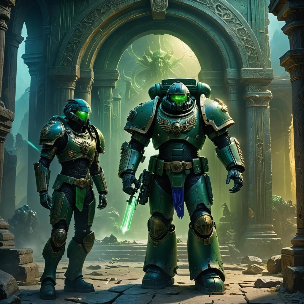 Green Armored Space Marine in Alien Temple