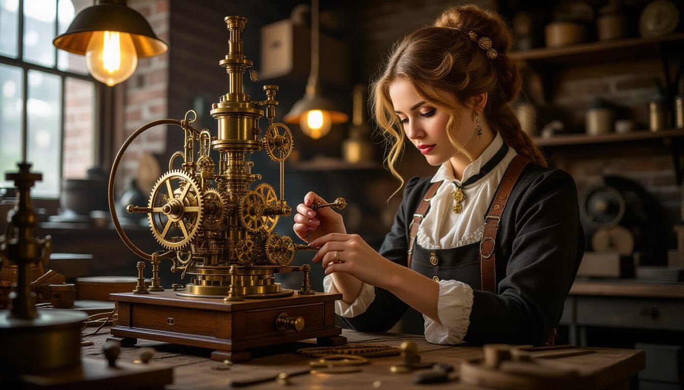 Gorgeous Female Inventor in Cluttered Workshop
