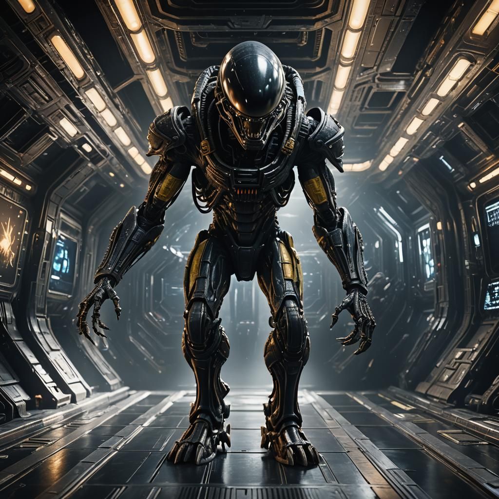 Xenomorph Walks Spaceship in Detailed Matte Painting