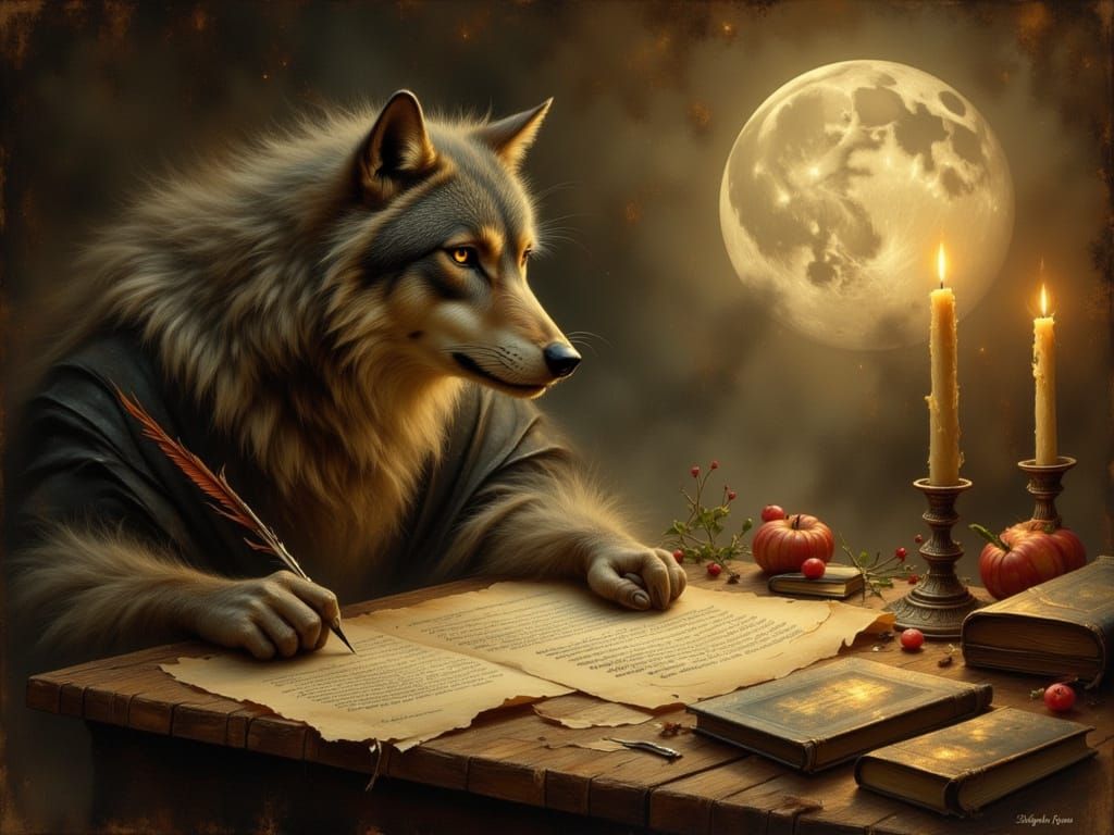 Lone Wolf Writes Poetry by Moonlight in Painterly Style