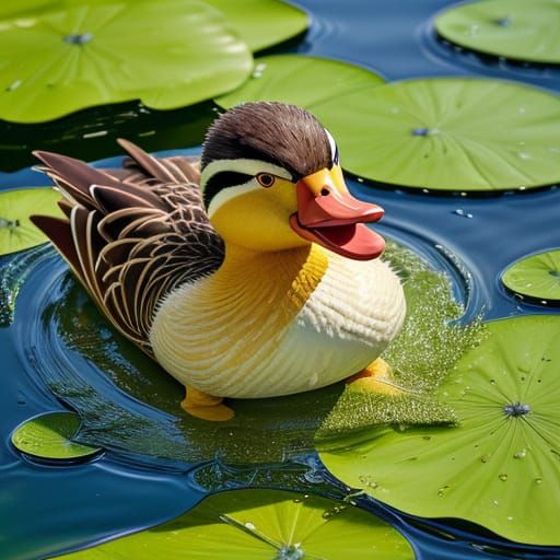 Vibrant Cartoon Duck in a Serene Pond
