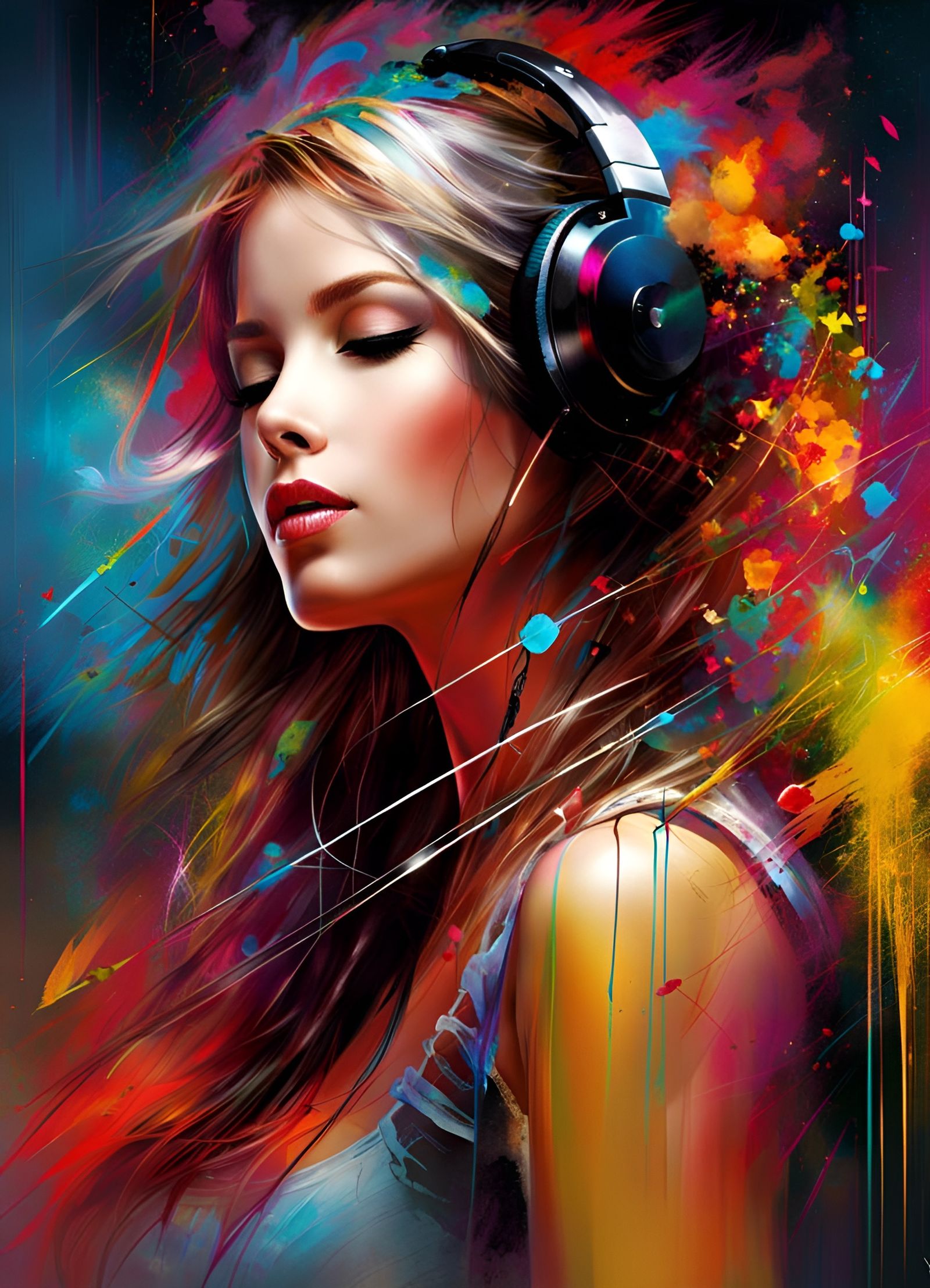 Woman Entranced by Music: Digital Art in Expressive Colors