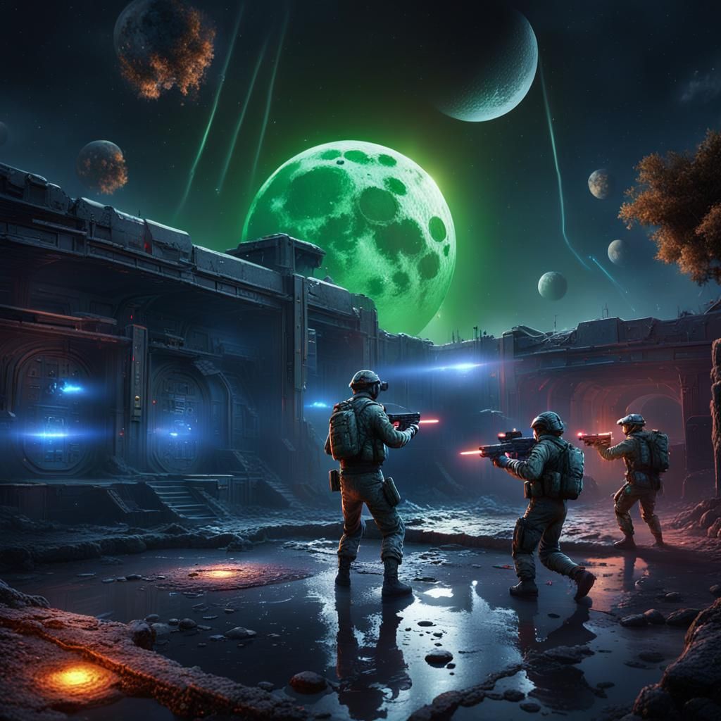 Laser Tag Game in Military Base, Detailed Matte Painting
