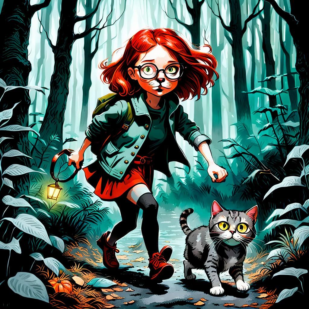 Red-Haired Girl and Cat in Scary Forest