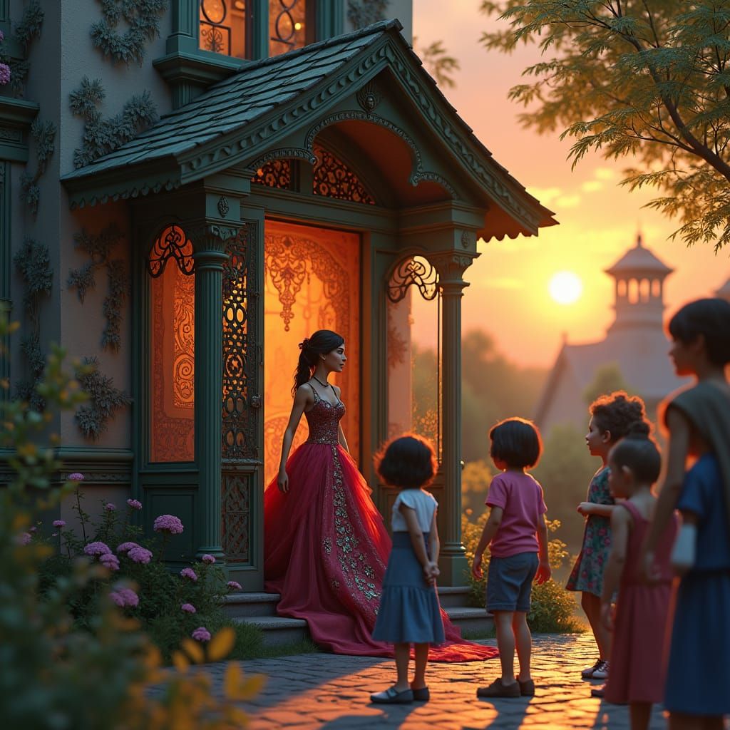 Fantastical Neighborhood Scene in Whimsical Victorian Style