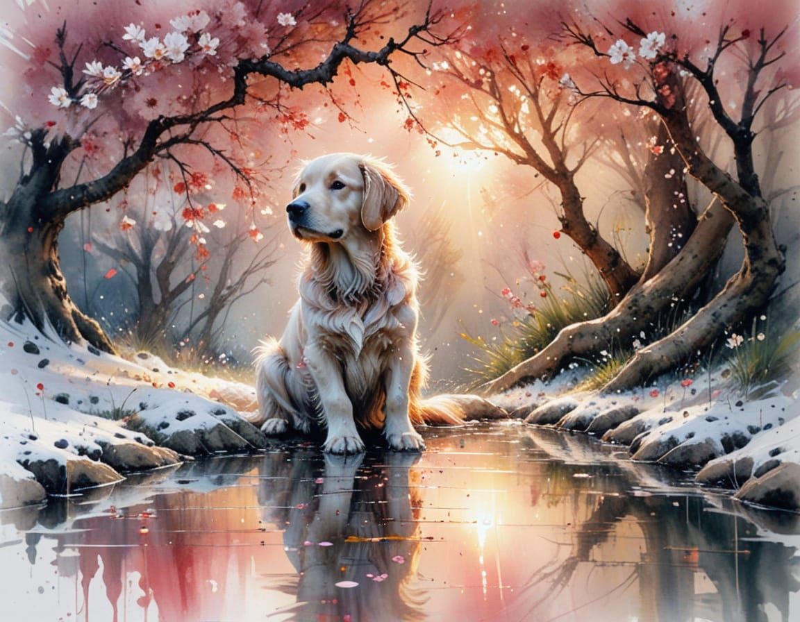 Golden Retriever Puppy Under Cherry Blossoms: Watercolour Ar...