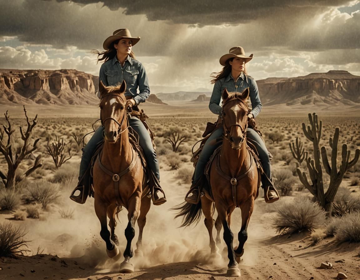 Cowgirl on Horseback in Sepia-Toned Western Landscape